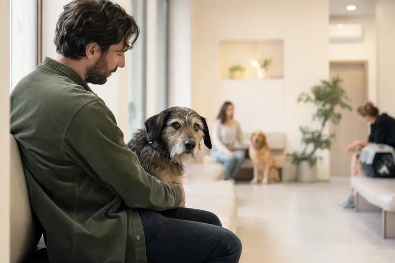 Ein ruhiger Hund sitzt neben seinem Besitzer im hellen Wartezimmer einer modernen Tierarztpraxis.